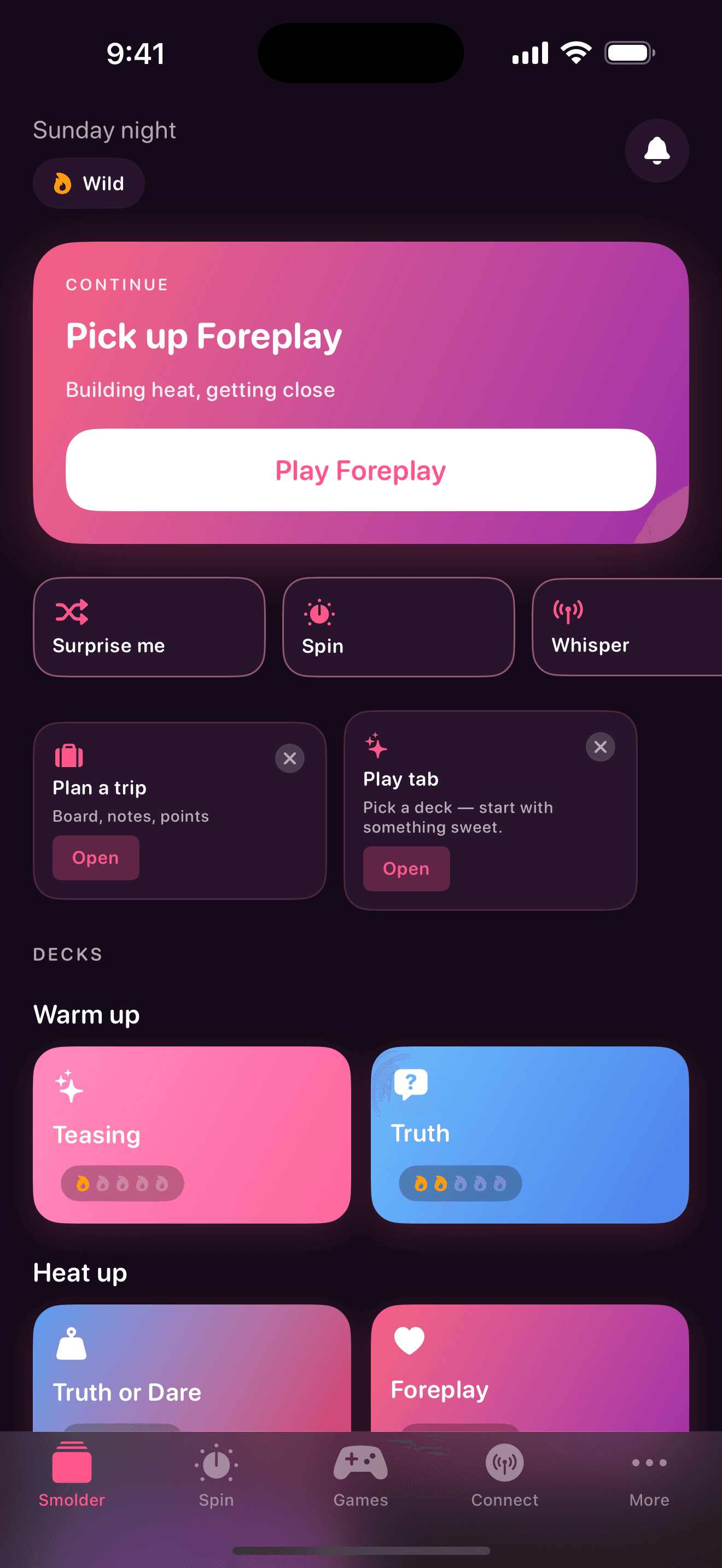 Smolder home screen with card decks